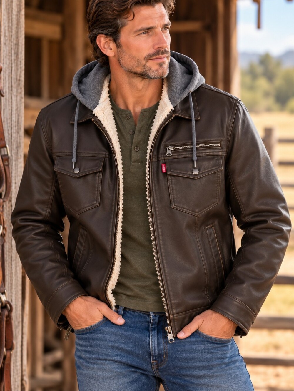 Levis Faux Leather 2 Zipper Sherpa Lined Hooded Moto Grunge Jacket. Mens Med